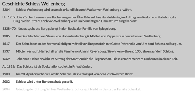 1204:         Schloss Wellenberg wird erstmals urkundlich durch Walter von Wellenberg erwähnt.  Um 1259:  Die Zürcher brennen aus Rache, wegen der Überfälle auf ihre Handelsleute, im Auftrag von Rudolf von Habsburg die                    Burg nieder. Ritter Ulrich von Wellenberg wird  im berüchtigten Limmatturm eingekerkert.  1338 - 70:  Neu ausgebaute Burg gelangt in den Besitz der Familie von Spiegelberg.  1385:         Die Geschlechter von Strass, von Hohenlandenberg & Mötteli von Rappenstein herrschen auf Wellenberg.  1517:         Der Sohn Joachim des herrschsüchtigen Mötteli von Rappenstein mit Gattin Petronella von Ulm baut Schloss zu Burg um.  1537:         Mötteli verkauft Herrschaft an die Familie von Ulm in Ravensburg. Sie wirken während 130 Jahren auf dem Schloss.  1669:         Johannes Escher erwirbt im Auftrag der Stadt Zürich die Liegenschaft. Diese erfährt mehrere Umbauten in dieser Zeit.  Ab 1815:   Das Schloss ist als Spekulationsobjekt in Privathänden.  1900          Am 23. April erwirbt die Familie Schenkel das Schlossgut von den Geschwistern Bienz.  2002:         Schloss wird unter Bundesschutz gestellt.  2004:         Gündung der Stiftung Schloss Wellenberg. Schlossgut bleibt im Besitz der Familie Schenkel. Geschichte Schloss Wellenberg